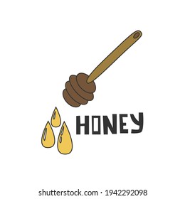 Honey inscription with honey drops isolated on a white background. Beautiful bee life concept for printing, packaging, nectar, honey, textiles and other purposes. Vector illustration