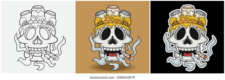 Honey Inside Skull Head With Smoking Character Cartoon. Black White, Colorful and Sticker Style. For T shirt print, Brand Logo, Label and Mascot product. Vectors Illustrations