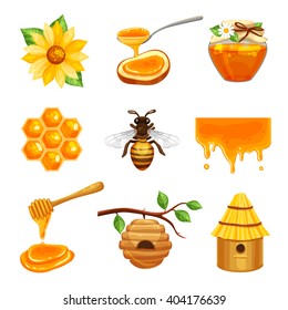 Honey isolated cartoon icon set with various elements of beekeeping and bee life vector illustration