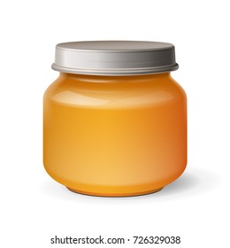 Honey, Jam, Jelly Yellow Glass Jar. Organic Baby Food Puree. Illustration Isolated On White Background. Mock Up Template Ready For Your Design.