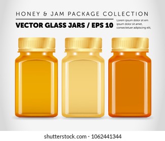 Honey and jam. Package design. Full range honey line. Design concept. Honey bottle and jar vector. Package inspirational design. Glass bottle and jar. Premium product. Medicine bottle. Remedy bottle. 