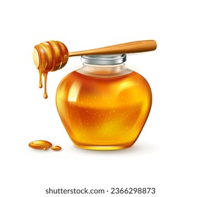 Honey jar. 3D glass bottle with wooden dipper. Liquid drops. Organic sugar comb. Orange syrup. Sweet food. Isolated pot for bees product. Beekeeping nectar. Vector realistic exact dessert