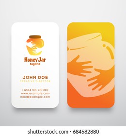 Honey Jar Abstract Vector Sign, Symbol or Logo Template and Business Card. Creative Stationary Layout. Colorful Pot in Hands Negative Space Concept. Isolated.