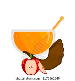 Honey jar with an apple and a shofar. Rosh hashanah