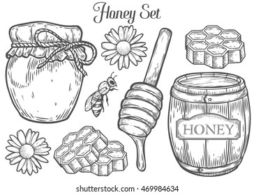 Honey jar, barrel, spoon, bee, honeycomb, chamomile, vintage set. Engraved organichoney food hand drawn honey sketch illustration. Black honey isolated on white background.