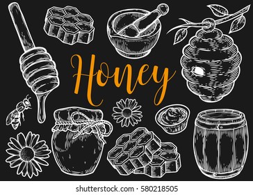 Honey jar, barrel, spoon, bee, honeycomb, chamomile, vintage set. Engraved organic food hand drawn sketch illustration. Black isolated on black background.