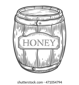 Honey jar, barrel vintage. Engraved organic food hand drawn sketch illustration. Black isolated on white background.