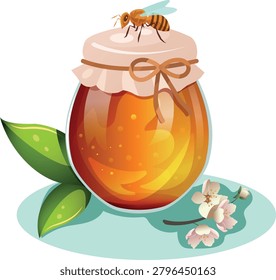 Honey Jar with Bee and Blossoms Vector Illustration	