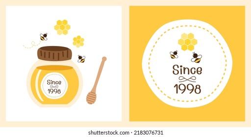 Honey jar, bee cartoons, beehive and honey logo sign on white and yellow background vector illustration. 