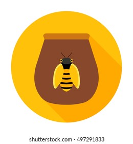 Honey jar with bee circle icon. Vector illustration of pot with honey on yellow.