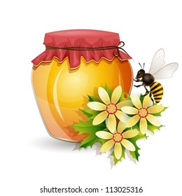 Honey jar with bee and flowers isolated on white