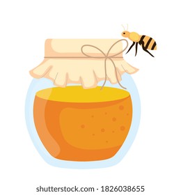 honey jar with bee flying, in white background vector illustration design