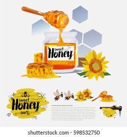 Honey in jar and honey bee with graphic elements set. product from nature concept - vector illustration