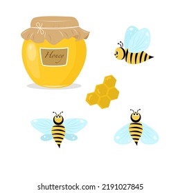 Honey in jar, bee, honeycomb. Flat style. Vector illustration 