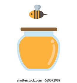 Honey jar with bee vector illustration. Flat design.
