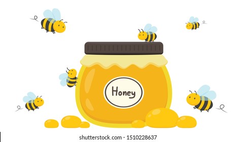 honey jar and bee vector. honey jar on white background. 