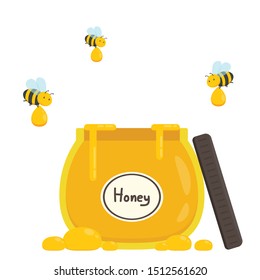 honey jar and bee vector. honey jar on white background. honey stretch.