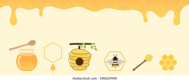 Honey jar, beehive, hexagon logo bee cartoon icons on honey drip background vector.