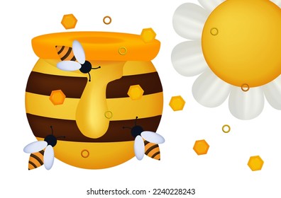 Honey jar with bees 3d. A swarm of cheerful insects fly near the pot with sticky, sweet, liquid honey. Summer time, collecting honey in the apiary, garden or agricultural field. Vector illustration.