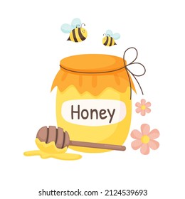 Honey jar with bees, flowers and dipper. Isolated illustration for honey label, products, package design. Flat vector style.