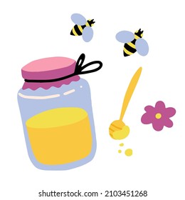 Honey in a jar and bees isolated on white background. Flat cartoon vector illustration, hand drawn style.