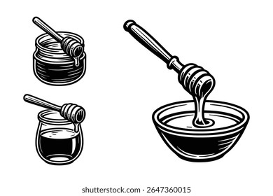 Honey Jar and Bowl with Dipper Drizzling Sweet Nectar Black and White Vector