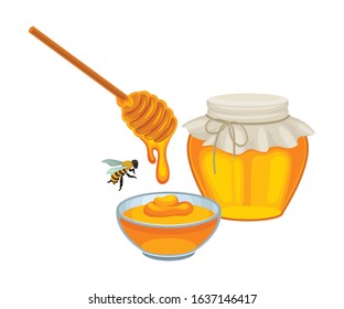 Honey in Jar and Bowl Isolated on White Background Vector Composition