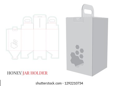 Honey Jar Box with Handle, vector. Die cut template. Honey Jar Holder Illustration. White, clear, blank, isolated Box with handle mock up on white background with perspective presentation