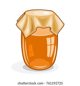 Honey in the jar. A bright colored cardan drawing of honey in a glass jar on a white background. Vector illustration of sweet food