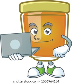 Honey in jar with bring laptop character shape.