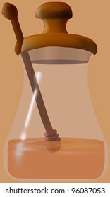 A honey jar with cap on and honey in it.
