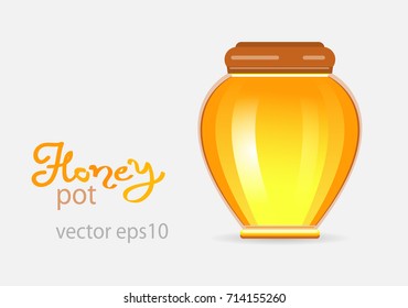 Honey Jar with cap. Vector realistic honey pot isolated on white background.