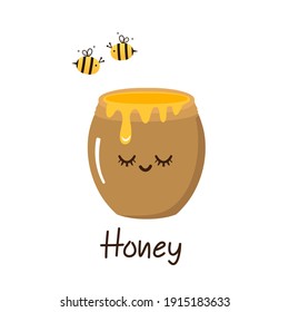 Honey jar cartoon with bee cartoons icon on white background vector illustration.