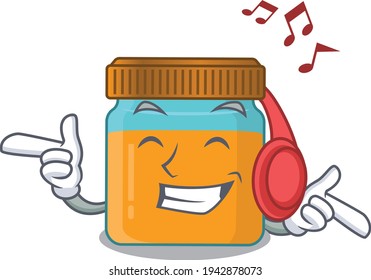 Honey jar Cartoon design concept listening music on headphone