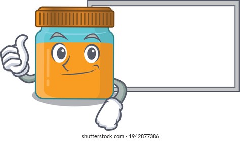 Honey jar cartoon design with Thumbs up finger bring a white board