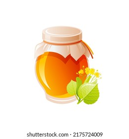 Honey jar cartoon vector icon. Glass transparent pot with linden tree honey. 3d honey jar. Cartoon Tilia blossom. Healthy nutrition vector icon. Organic ingredient for delicious natural breakfast