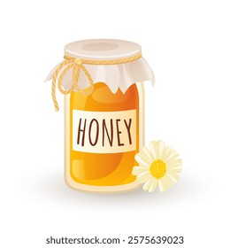 Honey jar with chamomile in flat design. Apiculture product in glasses pot. Vector illustration isolated.