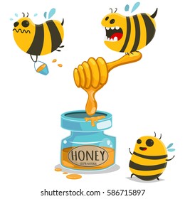 Honey jar and cute cartoon bees. Vector illustration isolated on white background.