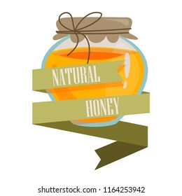 A honey jar with a decorative ribbon on top and an inscription - natural honey. Vector illustration on white background. Place for text.