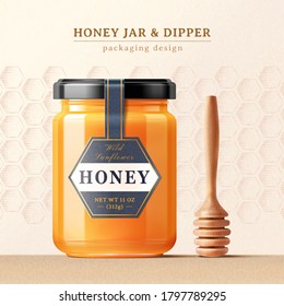 Honey jar and dipper in 3d illustration against engraved honeycomb design