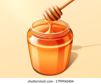 Honey jar with dipper in 3d illustration on beige background