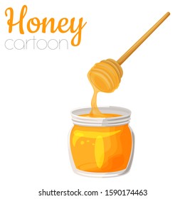 Honey jar with dipper cartoon vector illustration, isolated cute clip-art.