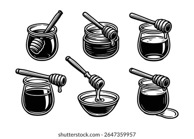 Honey Jar and Dipper Collection Illustration in Black and White Style