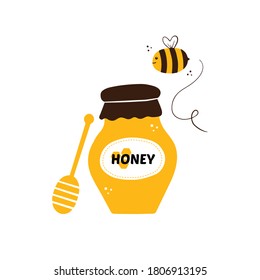 Honey jar with dipper and cute flying honey bee cute cartoon style vector illustration.