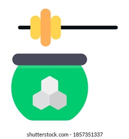 A honey jar with honey dipper in flat icon