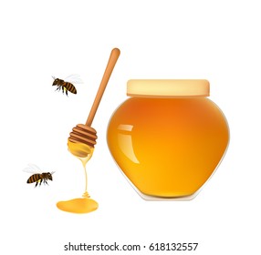 Honey jar, dipper and flying bees. Beekeeper collection. Vector Illustration