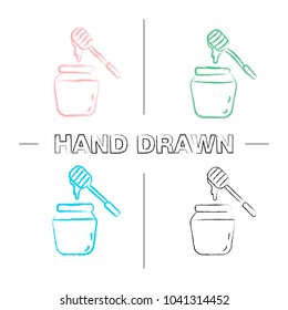 Honey jar with dipper hand drawn icons set. Color brush stroke. Isolated vector sketchy illustrations