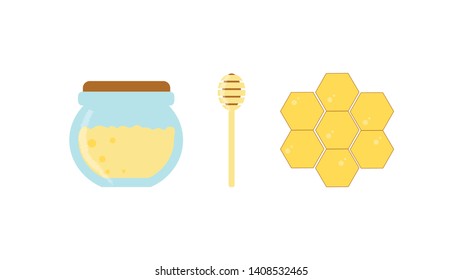 Honey jar, dipper, honeycomb vector illustration is isolated on white background. Vector illustration in flat, cartoon style. Honey pot, dipper, honeycomb can be used as design elements, icon, sign. 