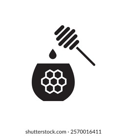 Honey jar with dipper icon black and white vector outline sign