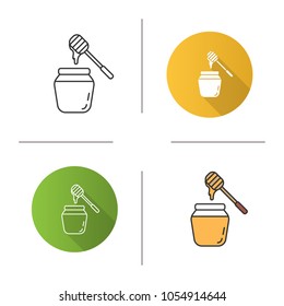 Honey jar with dipper icon. Flat design, linear and color styles. Isolated vector illustrations